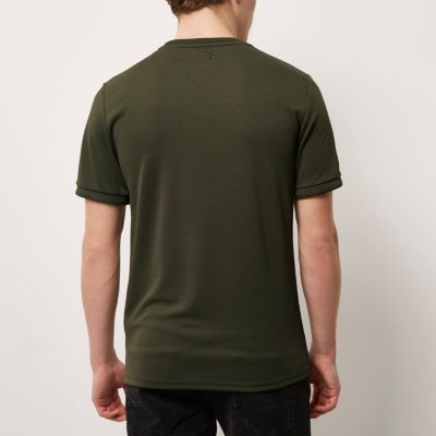 Khaki green crew neck zip pocket T-shirt